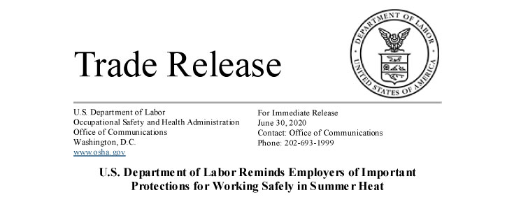 U.S. Department of Labor Reminds Employers of Important Protections for Working Safely in Summer Heat